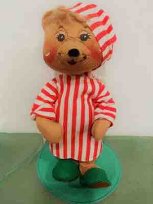 1984 Annalee Mobilitee Christmas Doll Vtg Bear 11" Striped Nighshirt & Sleep Cap