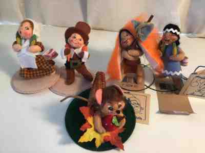 ANNALEE 3 IN THANKSGIVING LOT PILGRIM INDIAN MOUSE IN CORNUCOPIA