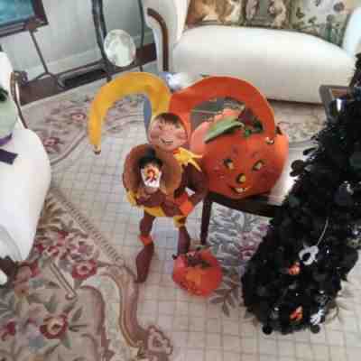 Annalee Dolls Vintage 1997 Autumn Fall Jester, 30 Inch With Turkey and Pumpkin.