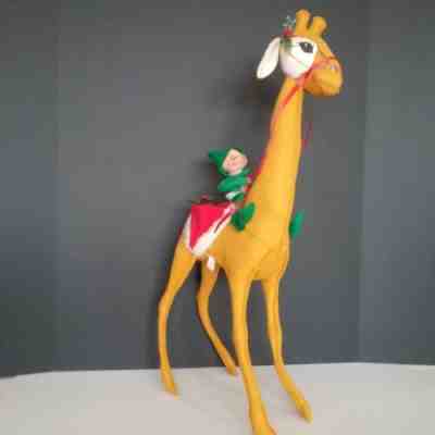 Vintage 1981 (tag) Annalee Christmas, Elf (10") Riding Large Giraffe, 25" Height
