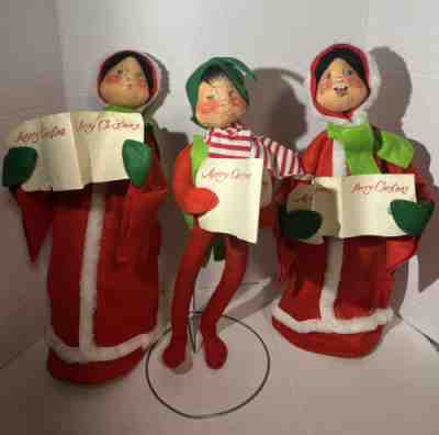 Vintage 1971 ANNALEE Mobilitee Christmas Carolers Dolls Elf Boy Girl 18â? Lot of3