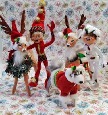 Lot of 5 Annalee Christmas Dolls - Elves - Husky - 75th Anniversary Reindeer