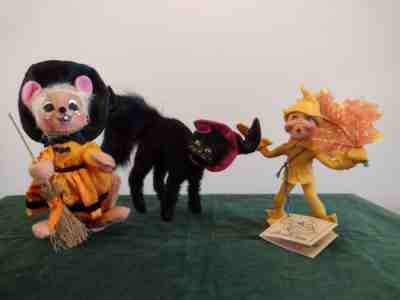 3-piece Annalee Doll Lot - Fall & Halloween - Leaf Elf, Scaredy Cat, Witch Mouse