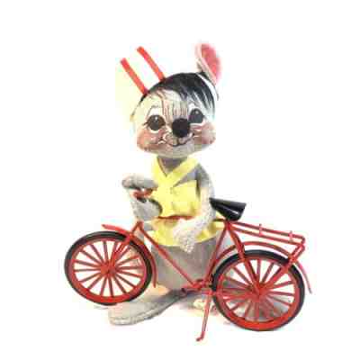 ANNALEE 1987 Racing Mouse Figurine RED METAL BICYCLE Cap Vest HAND SIGNED!