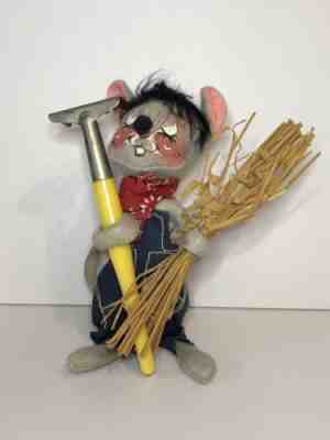 Vintage Annalee Doll Farmer Mouse with Straw and Rake 1965 Gardener
