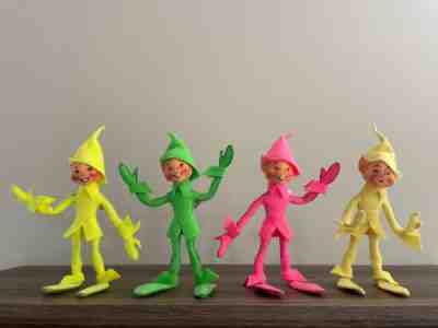 Lot of 4 Annalee 10" Fluorescent Elves + Yellow Spring Elf (1990 / 1991) RARE!