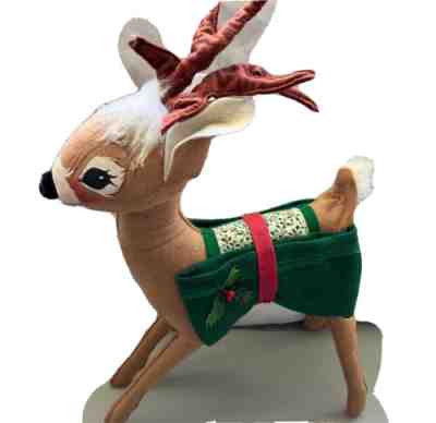 Annalee Vintage 1990 Reindeer 18" Christmas Doll Green Burlap Bags Holly Tag