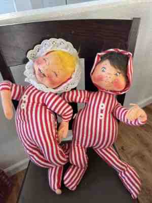annalee dolls Christmas Red Striped Pajamas Boy And Girl 1981 Vintage 18 Inch