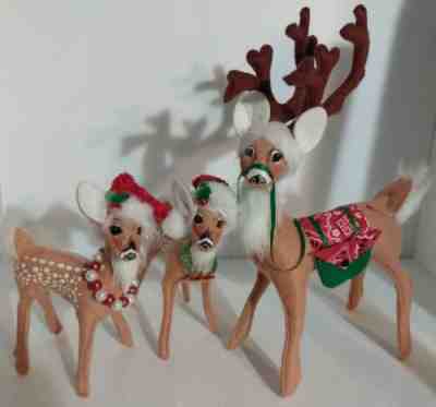 ANNALEE 1 Buck Reindeer & 2 Spotted Fawns Ornament Ribbon & Hats Deer Christmas!