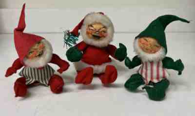 3 Vintage 1962 1963 ANNALEE Mobilitee Elf Christmas Felt Doll Shelf Sitters