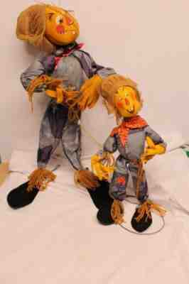 2 Annalee Poseable Thanksgiving Fall Patchwork Wired 30" & 22" Scarecrow Dolls