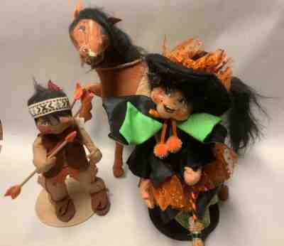 THREE VINTAGE ANNALEE FIGURES - HORSE, NATIVE AMERICAN HUNTER AND CHEERFUL WITCH