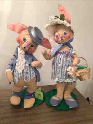 1976 Large Pair Spring Annalee Mobilitee Bunny Rabbits Free Standing Posable