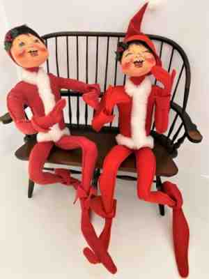 Annalee Vtg Christmas Elf Sitting 1990 & 1994, LARGE 22" Laughing Doll Lot 2 pc
