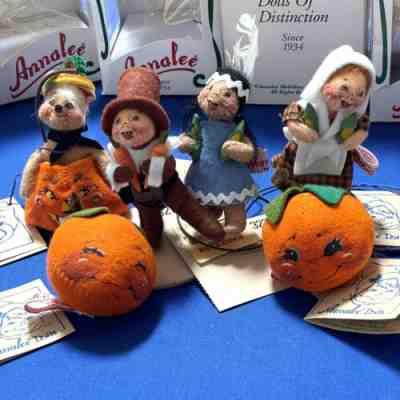 Annalee Thanksgiving Pilgrims Indian Pumpkin LOT Mini 3â? Dolls Holiday Decor