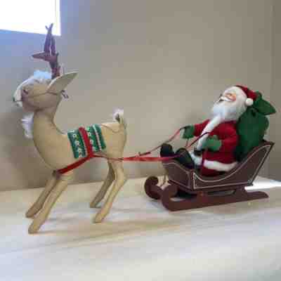 VTG Annalee Christmas Santa & Reindeer With Sleigh & Green Sack 22â?tall 1986