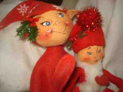 2 ANNALEE 14" Red Snowflake Christmas Elf & Little 10" Elf Pompom MOBILITEE DOLL