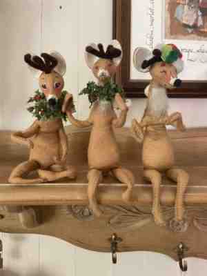 3 Annalee Reindeers vintage 1970's 12"in malleable w/tags Christmas ornaments    
