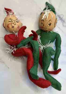 Vintage Annalee Posable Dolls Approx. 11 Inches Green & Red Elf Elves Tinsel