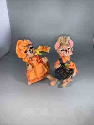2015 Annalee 6â? Dolls Mouse Girl w/Sunflowers Orange Dress, Boy w/Straw Hat Fall