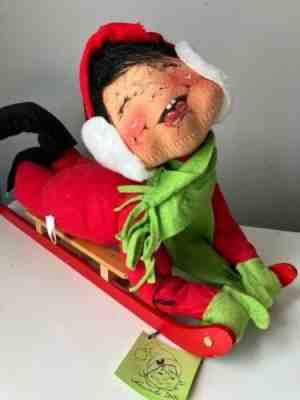 Rare Annalee Mobilitee Doll Christmas Young Boy Child Riding Snow Sled 1980 18"Â 