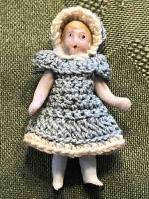 Antique German Miniature Strung Bisque Doll 1 5/16â? Crocheted Clothes Carl Horn