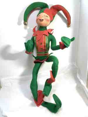 ANNALEE 21" RED GREEN Jester ELF Jingle Bells Hat 1996 POSEABLE Christmas