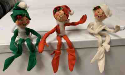 3 Vintage 1957 Annalee Dolls Christmas Elves Shelf Ledge Sitters Green Red White
