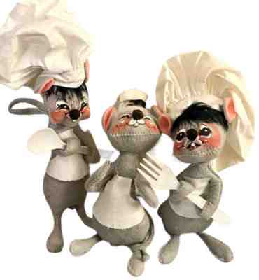 Lot Of 3 Vintage Annalee Mice Kitchen Cook Chef Dolls Mobilitee 5.5â?