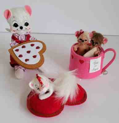 Annalee Dolls Lot Of 3 Valentine's Day-Tea For Two Teacup Mice, Kitty, Mouse