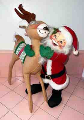 1990 Annalee HUGE 17" Santa Claus & 18" Reindeer Meredith NH Merry Christmas