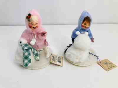Vintage Annalee 1995 7" Building Snowman Girl 1995 & Boy 1993 with tags