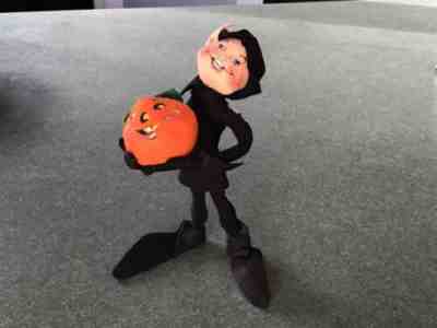 Vintage Halloween Annalee Doll Boy Elf Pixie Black Clothing With Pumpkin