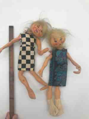 Early 1966 60s Annalee Dolls hand painted Go-Go mod mini dresses twiggy wired