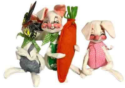 Lot Of 3 Vintage 1971 Annalee Rabbit Dolls Mobilitee 5.5â? Butterfly and Carrot