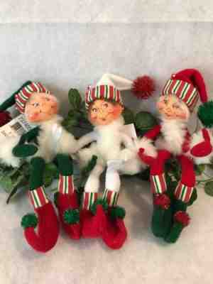 Set Of 3 Annalee Candystripe Elf Elves 9" Green White Red With Tags 2005