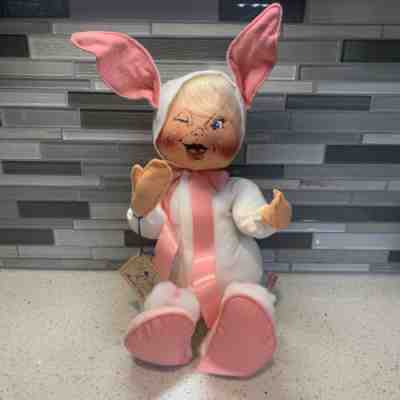 Annalee Spring Easter Bunny Kid In Slippers 1990 Felt Plush Posable Doll
