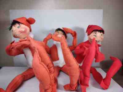 Vintage Large Handcrafted Annalee Thorndike Dolls Laughing Santa Elf. Lot of 3