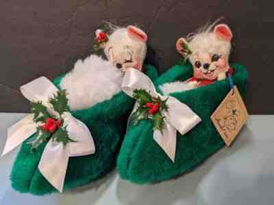 Annalee Christmas White Mouse in Green Slipper Vintage 1993 Set of 2 w/Tag