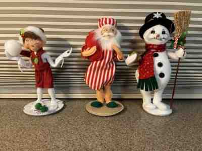 Lot Of 3 Annalee Dolls 8 & 9" Inch Tall Snowman w/Broom Nightshirt Santa Elf
