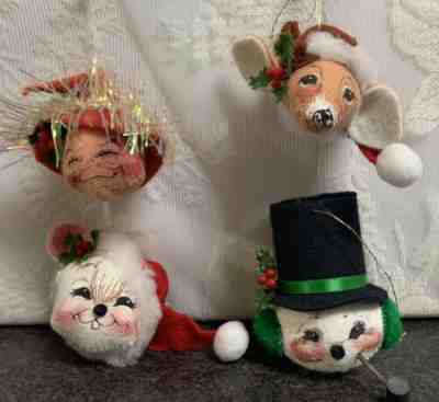 Lot of 4 Vintage ANNALEE Christmas Head Ornaments Reindeer Snowman Elf Cat