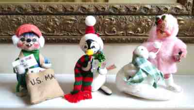 Lot of 3 Vintage Annalee Dolls ~ Winter Penguin, Snowman, mouse mailman