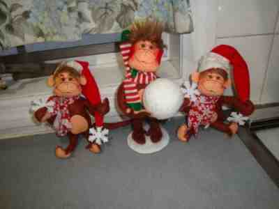 TRIO ANNALEE 2009 SNOWFLAKE MONKEY DOLLS/2010 MONKEY SHIMMERMINT SNOWBALL 75TH