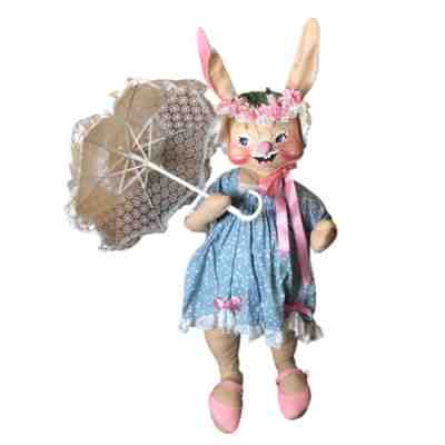 Vtg 1988 ANNALEE 30" EASTER PARADE BUNNY Rabbit Doll W/ Umbrella & Stand EUC