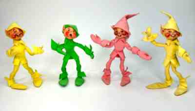 Vintage 1957 Annalee Elf Mobilitee Doll Lot Of 4 Green Yellow Pink Pixie 8"