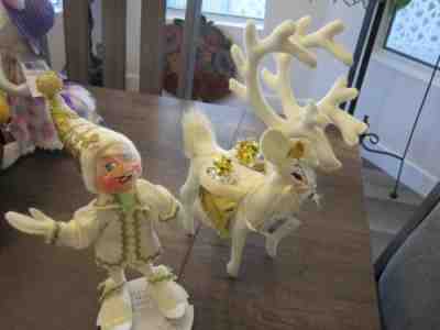 ANNALEE CHRISTMAS ELEGANT 9" ELF & 8" ELEGANT REINDEER 2013 ALL WHITE ORIG. TAGS