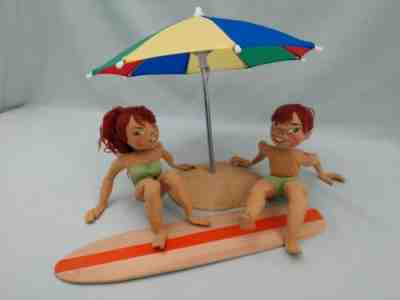 Annalee dolls - 9-in beach girl and boy w/surf board & beach umbrella