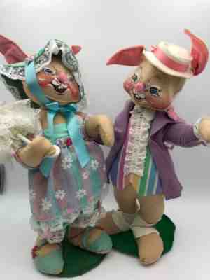1976 Large Pair Spring Annalee Mobilitee Bunny Rabbits Free Standing Posable 21"