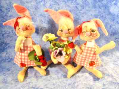 Antique Annalee Mobilitee Dolls - Set of 3 Bunnies w/Strawberries- Made in 1965!