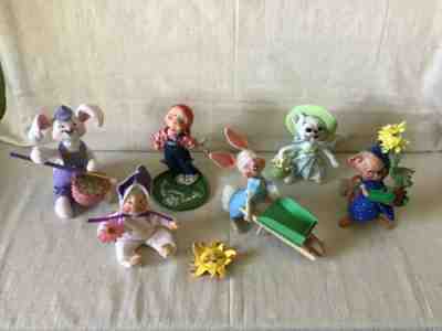 7 Vintage Annalee Dolls Easter Spring Lot Bunny Rabbits Gardener Boy W/Slingshot